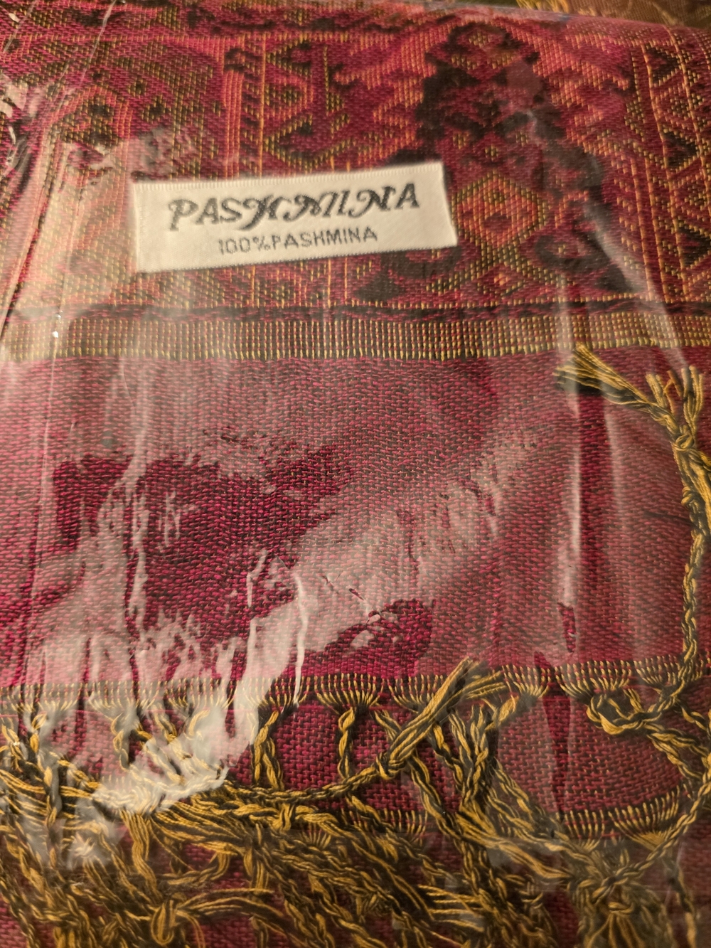 Pashmina 100% Pashmina Scarf in Deep Wine Red with Gold Accents 27x72